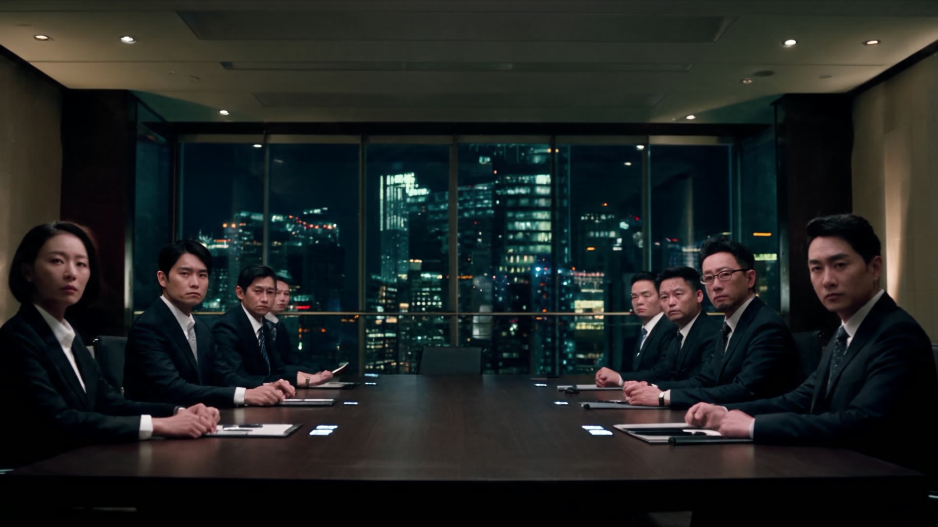 A row of people in dark suits sits along a boardroom table, the city lit up behind them at night.